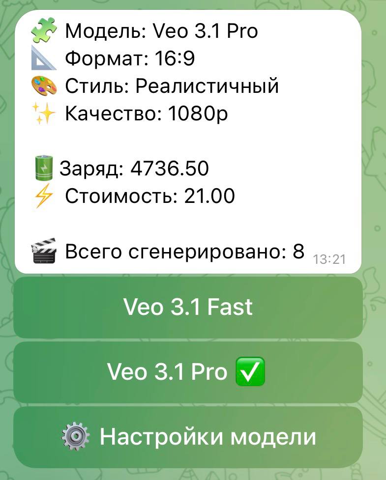 Выбор модели Veo Fast и Pro в Telegram-боте Марти 